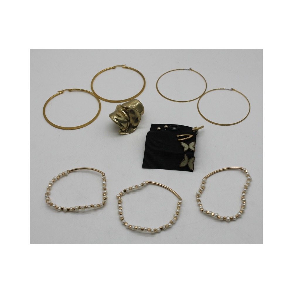 Lot of 9 Bracelets Earrings Ring Goldtone & Pearl Fashion Costume Jewelry